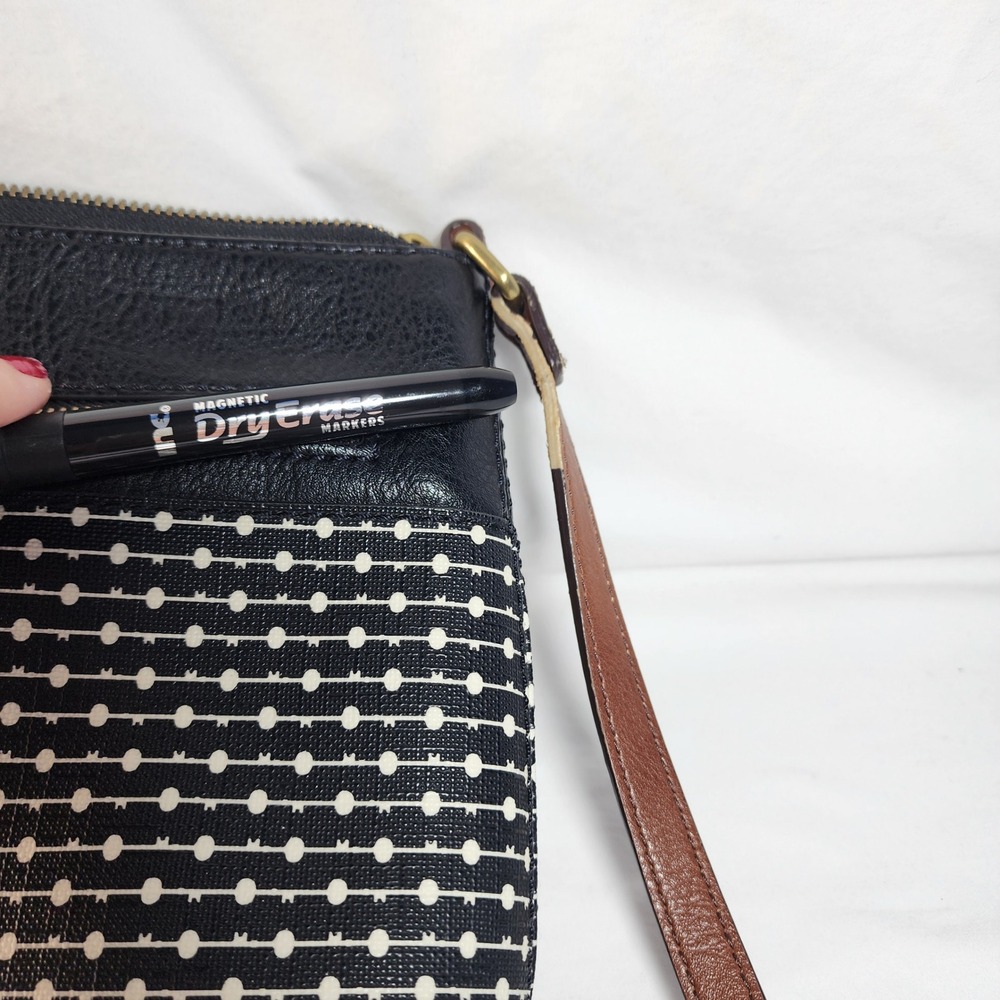 Fossil Fiona Leather Canvas Crossbody Bag Black Brown Zip Top Adjustable Strap - Picture 7 of 14
